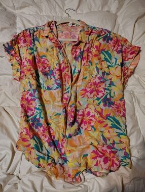 Time and Tru Floral Button-Front Short Sleeve Top — Pink, Yellow & Teal
